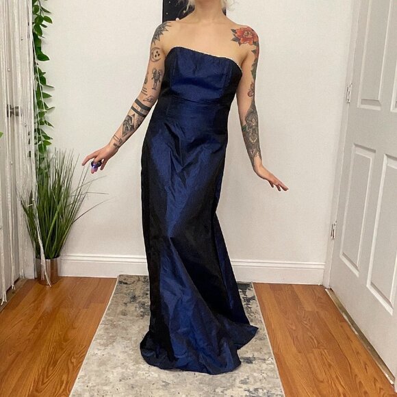 Y2K Gunne Sax Shimmer Strapless Maxi Evening Dress Back Zip Size 9 Blue